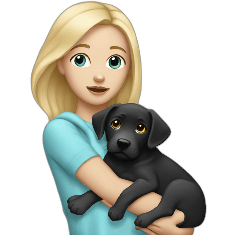 A blonde girl  with blues eyes, with smooth hair and a ray,she has light skin a few freckles, and she wear a hoodies and she Carries in his arms a black baby labrador dog  emoji