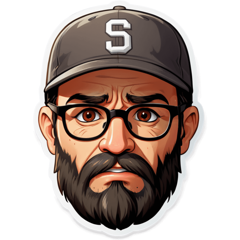 A man with a grey baseball cap, hazel eyes, big dark brown beard and glasses, crying emoji