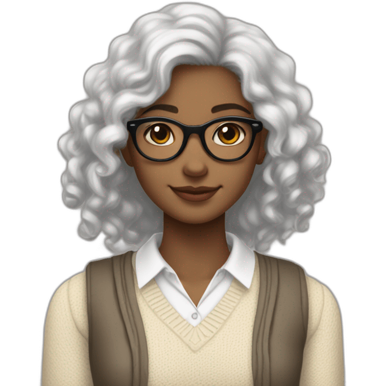 smiling dark skin indian teenage girl with black curly hair and glasses wearing a collared long sleeve white shirt under a beige v shaped collar sweatervest with no buttons emoji