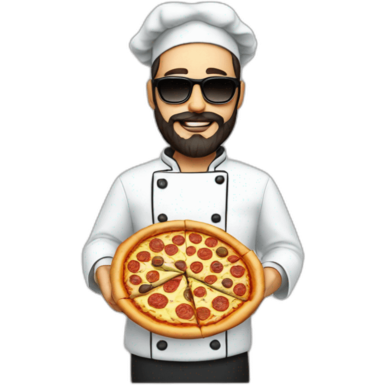 Dark haired chef with beard and big dark glasses holding a slice of pizza emoji