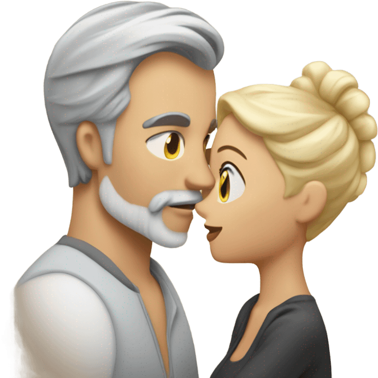 Handsome greying man with long hair in a tail and beard kissing blond athletic woman with pixie cut emoji