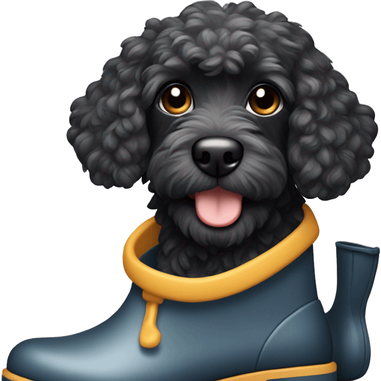 black phantom cockapoo wearing rain boots emoji