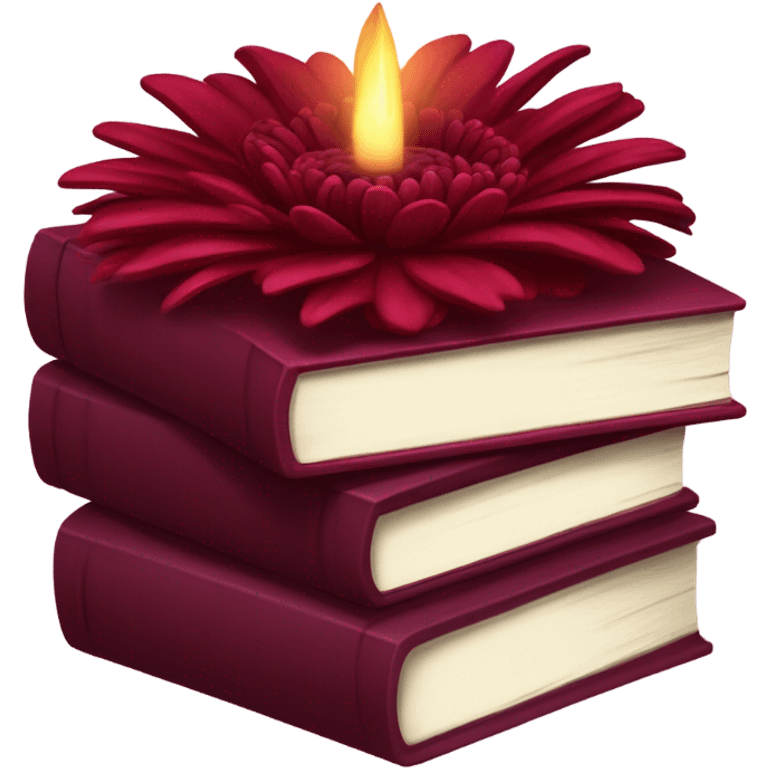 A maroon book stack adorned with ruby-red chrysanthemums and a candle emoji