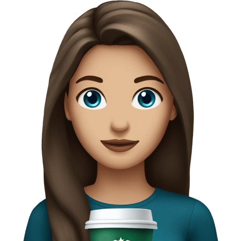 Brunette with long hair and blue eyes and Starbucks coffee emoji