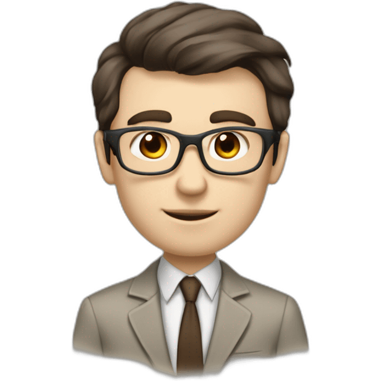 Pale skinned fit man with dark brown hair in gray jacket, beige office shirt, brown tie, brown pants and vintage glasses Writing on the flipchart emoji