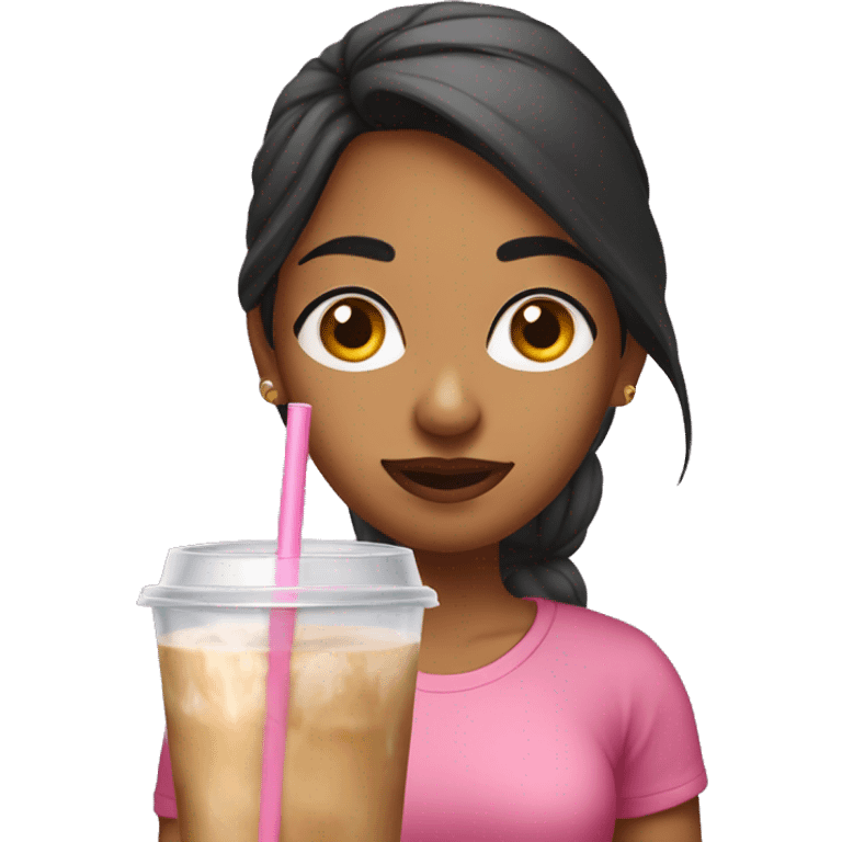 Indian girl with pink t shirt drinking iced coffee emoji