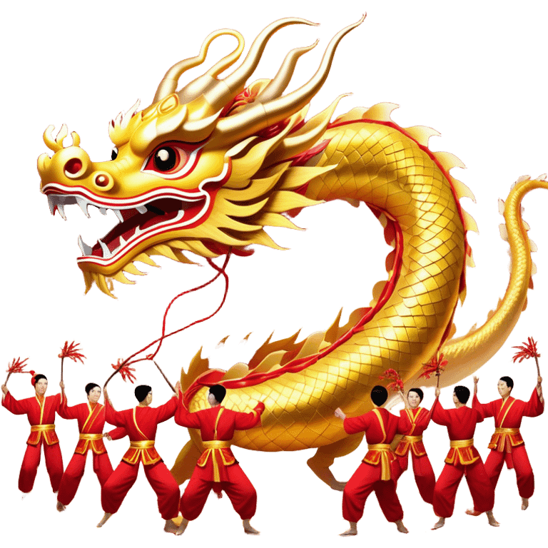 Cinematic Realistic scene of a Chinese Dragon Dance featuring performers energetically holding a vibrant dragon model aloft, with intricately detailed scales and dynamic flowing costumes, illuminated by festive red and gold lighting that captures the spirit of celebration. emoji