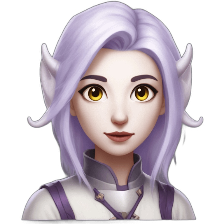 tiefling priest girl with pure white skin, pale lilac hair, light grey horns, glowing lilac colored eyes emoji