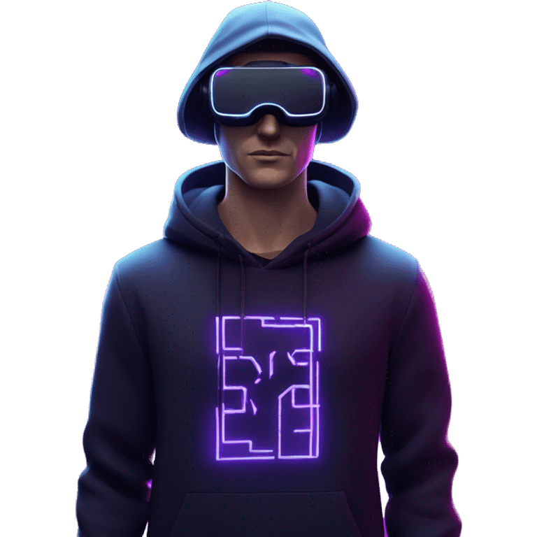 Russian man wearing a black hoodie with "OMG" letters on it and VR headset in a cyberpunk VR environment with violet neon lighting. emoji