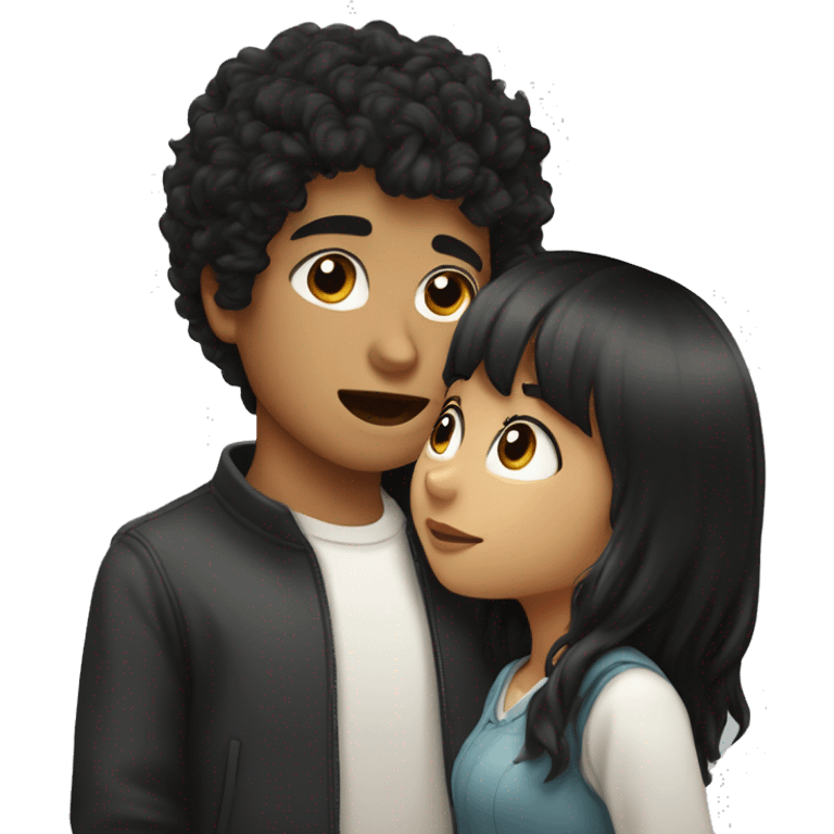 a girl with black hair and bangs with white skin and gray eyes is kissing a slightly swarthy boy and dark curly hair emoji