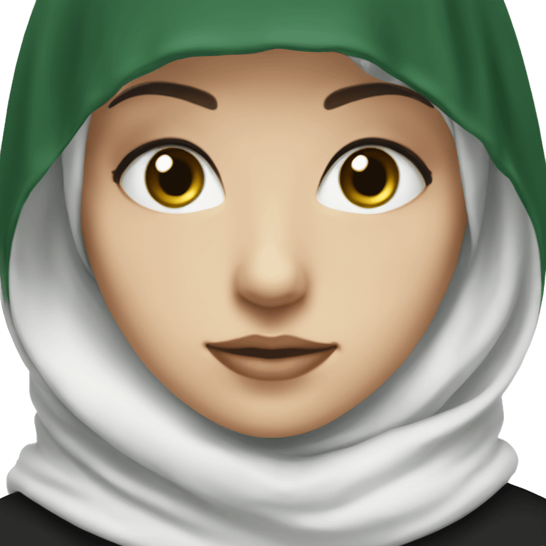 A pale girl with a black shayla hijab, and a white undercap. She has green eyes emoji