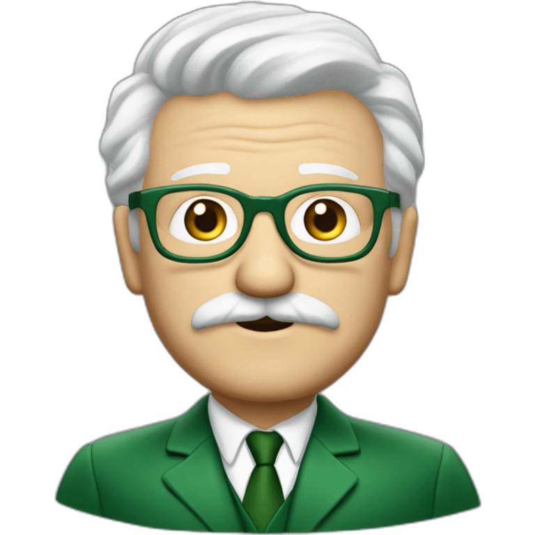 meester frank visser white hair, white mustache and glasses. Nice green suite emoji