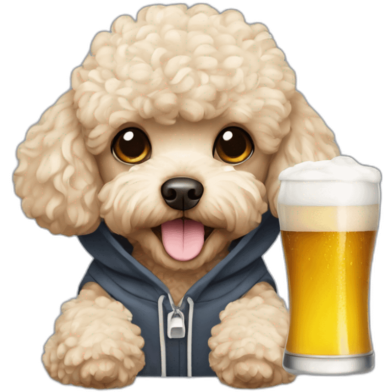 Toy poodle wearing a hoodie and drinking a beer emoji