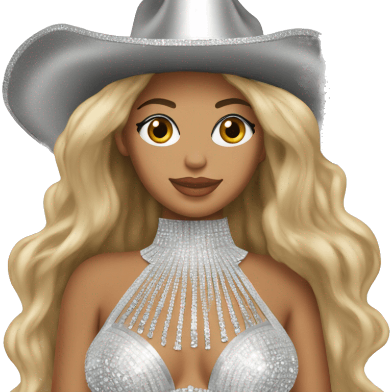 beyoncé in a silver crystal outfit wearing a silver crystal cowboy hat emoji