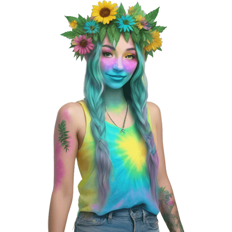 420 Tie dye hippie person flower crown tattoos hemp leaves metallic iridescent holographic blue cyan green pink yellow hazard stripes dark colours emoji