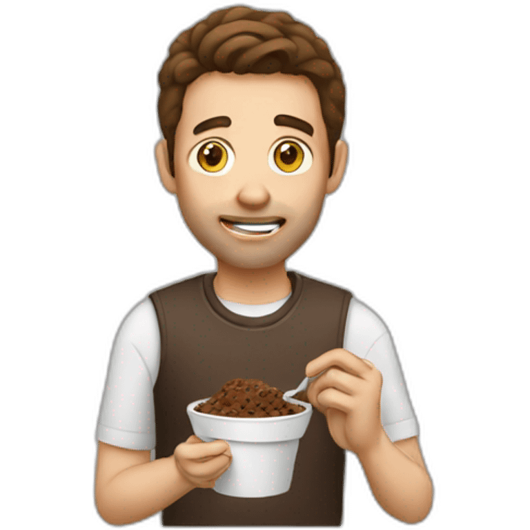 A brown haired man eating poop emoji