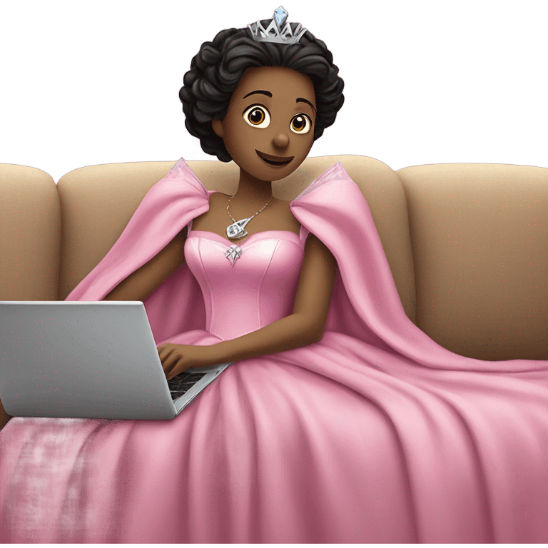 Glinda from wicked in her pink dress with scepter has fever coverd by a blanket on the couch with laptop on her legs emoji