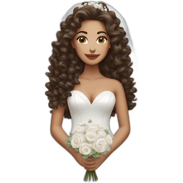 Beautiful brunette bride with long curly hair wearing a wedding dress emoji