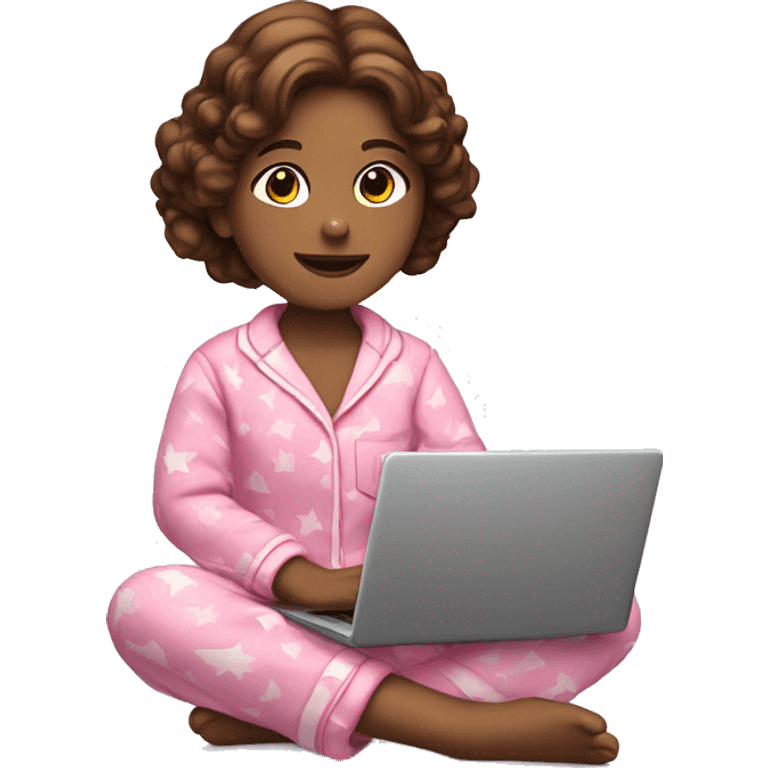 A girl with brown hair in pink plush pajamas is sitting with a laptop in her hands emoji