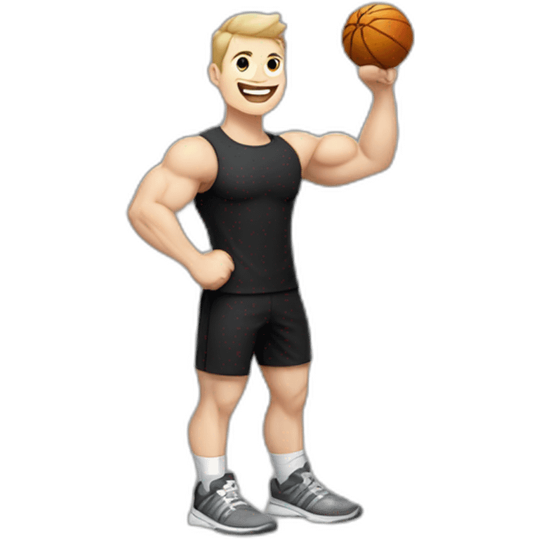 Joyful Celebrating victory Pale skinned Fit Man With the biceps and dark brown hair in black shirt, gray sports shorts and white Sneakers emoji