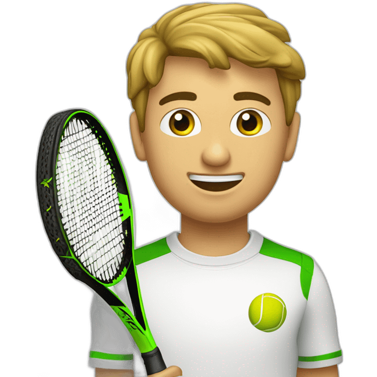 Ragazzo riccio con occhi verdi con maglietta gialla gioca stanco con una racchetta da tennis emoji