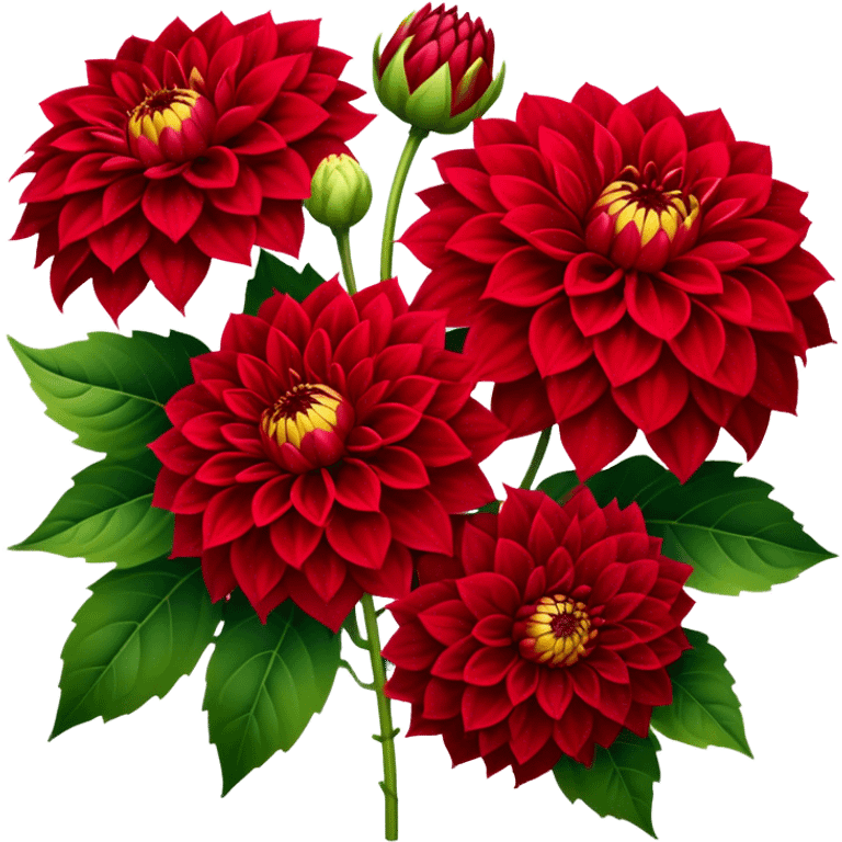 big bouquet Red Dahlia, luxuriant, stem, leaf emoji