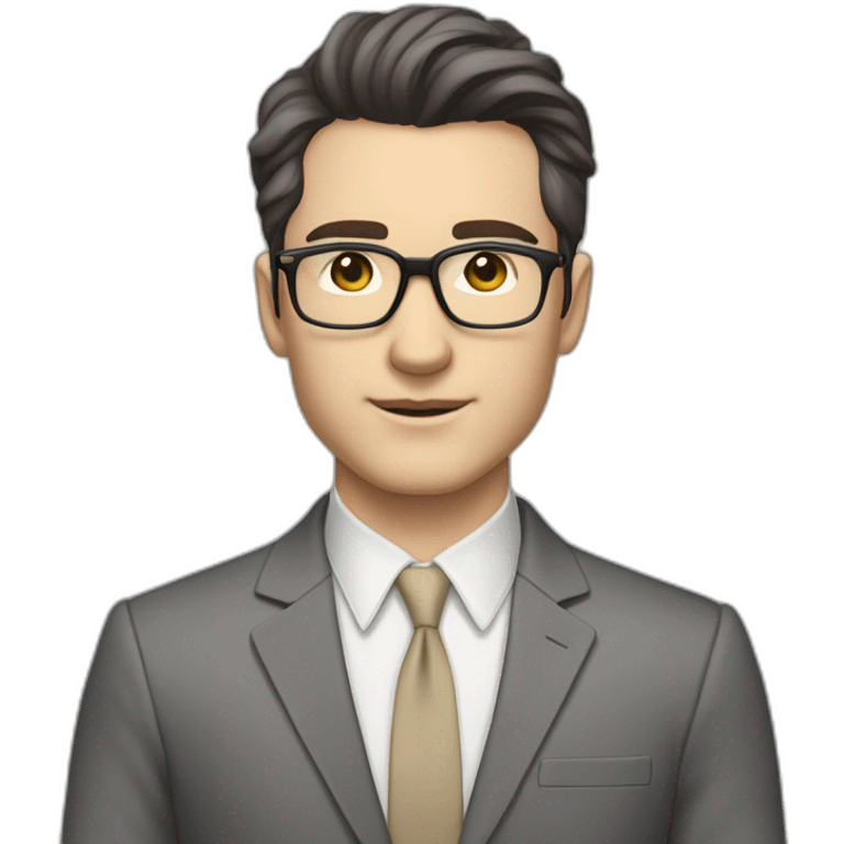 Full height Pale skinned Fit Man With dark brown hair in classic gray suit, beige office shirt, dark gray tie, and vintage glasses. His hands lock emoji