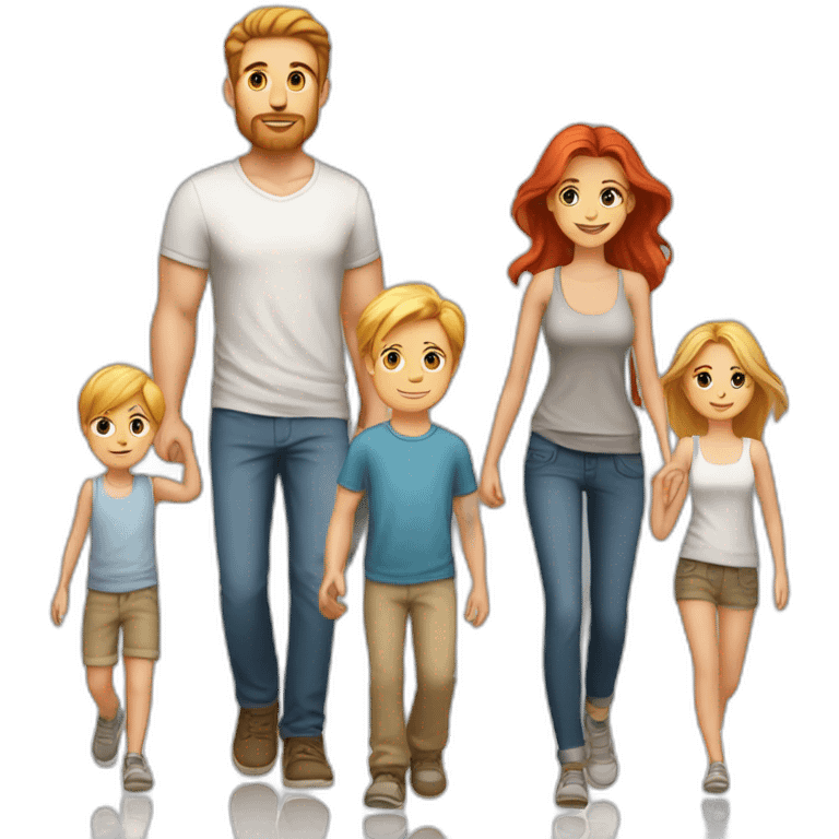 Young Familie skinny casual mom red hair dad blond boy blond hair walking emoji