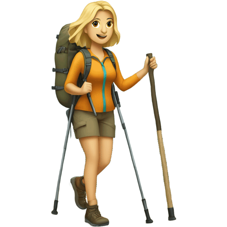 Blond haired woman hiking full body with hiking sticks emoji