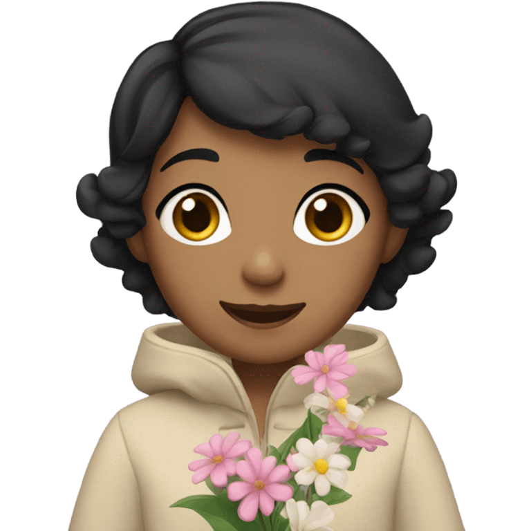 A girl with very short black hair, fair skin, and brown eyes wearing a coat and waving flowers emoji