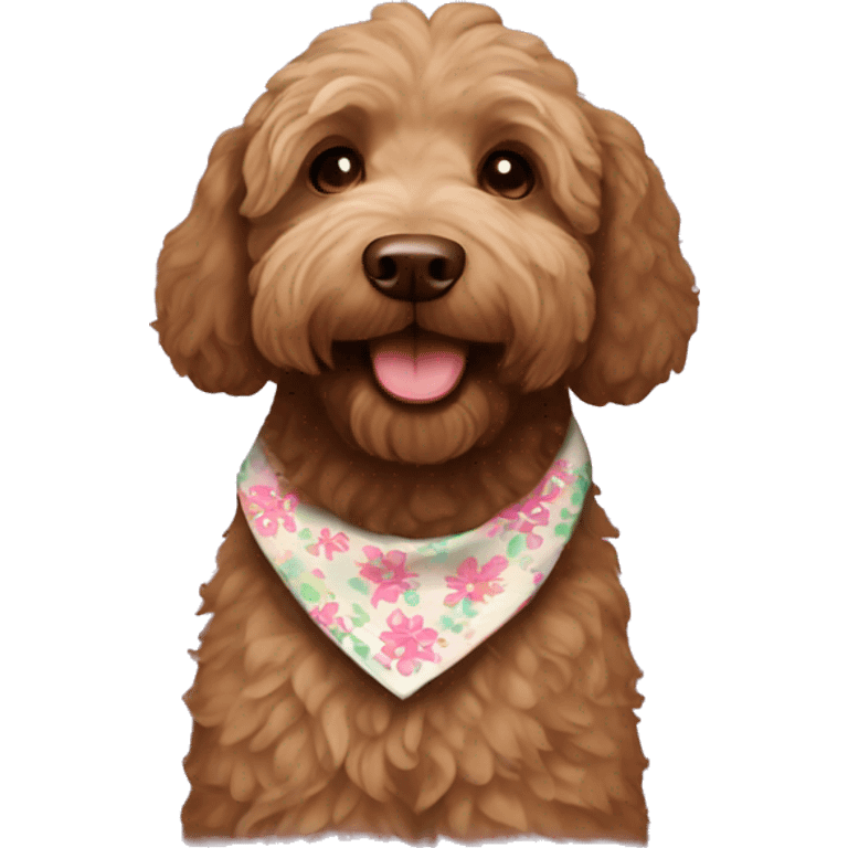 Brown labradoodle with a flower bandana emoji