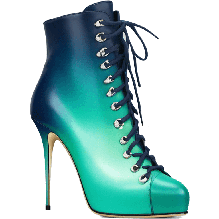 Realistic isolated front top view of a pair of light teal,green,navy blue ombre Jimmy Choo stiletto high heel boots. emoji