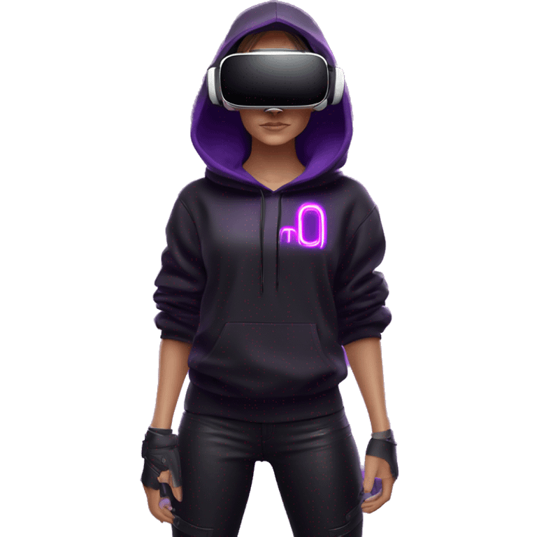 Russian girl wearing black hoody with violet letters "OMG", in vr headset oculus quest2. Standing like jedi. Cyberpunk style. Violet neon. emoji