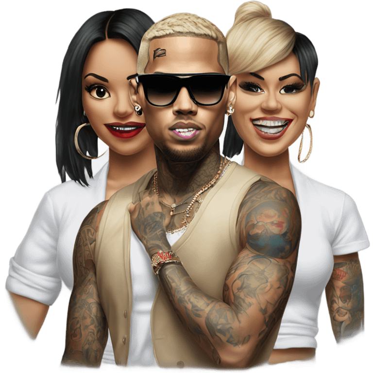 Hyper Realistic Chris Brown  wearing sunglasses with 2 female tattooed dancers emoji