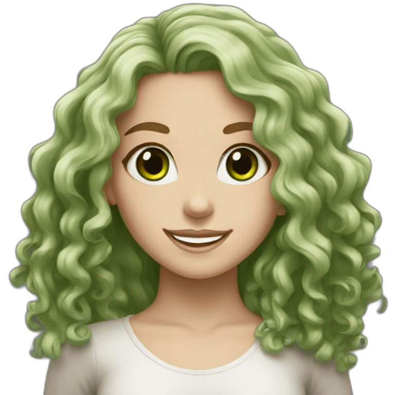 White girl with long black curly hair and green eyes smiling emoji