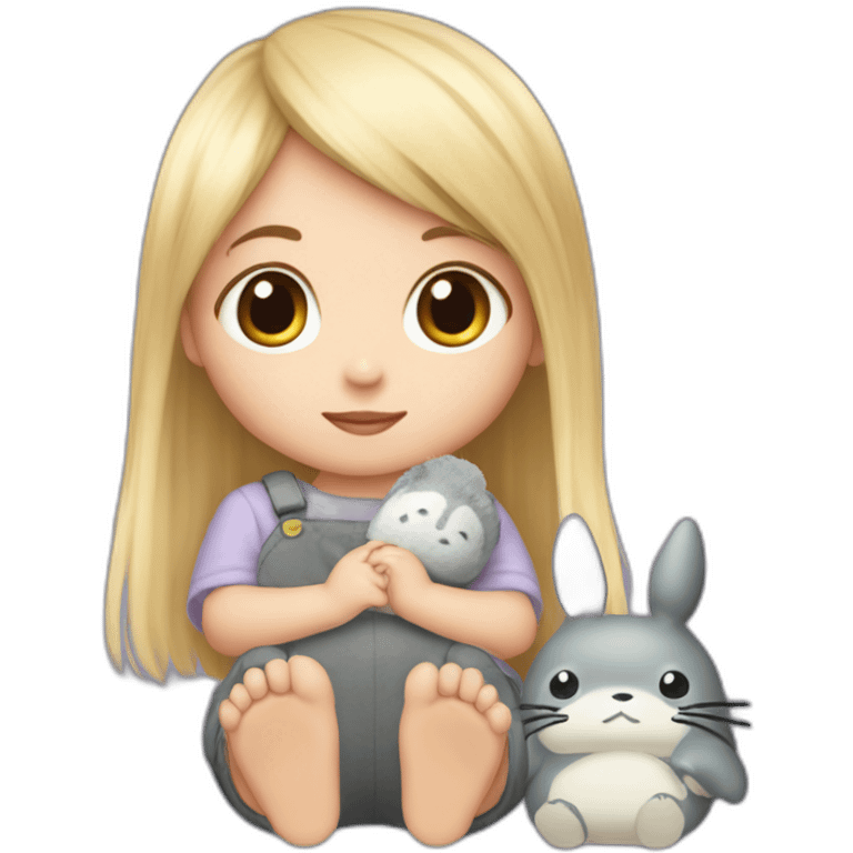 bébé fille blonde décoiffée avec une peluche Totoro  emoji