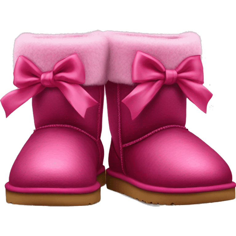 Realistic pair of raspberry color Ugg fur boots with silk ribbon bows. emoji