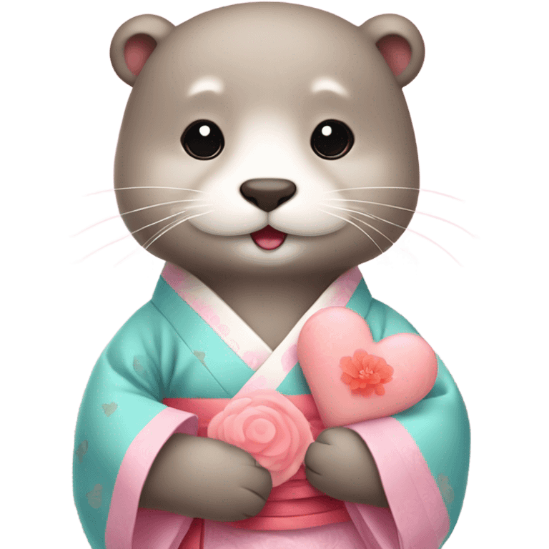 A cute and lovely otter dressed in pastel-colored traditional Korean hanbok, holding a coral-pink heart emoji