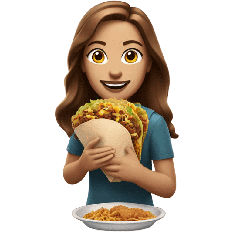 White girl with brown hair eating Taco Bell emoji