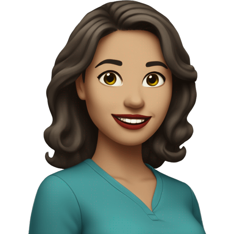 A headshot of a cheerful woman in her 30s with light skin, shoulder-length dark brown hair, and a round face with prominent cheekbones. She has dark green eyes, full lips with red lipstick, and a warm, friendly smile. She's wearing a blue shirt. emoji