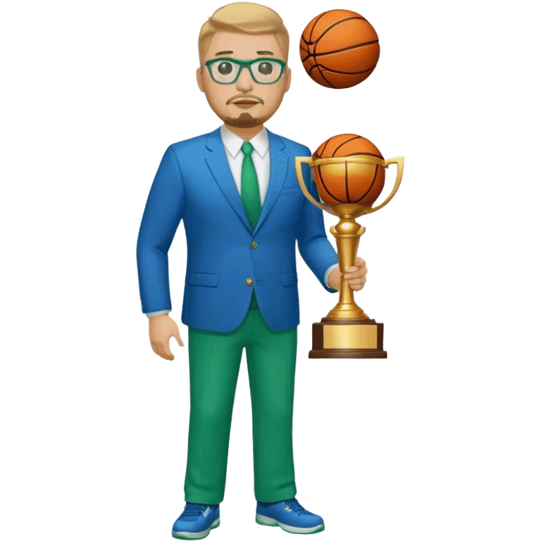 Full Body white plus size man  wearing glasses with a goatee with dirty blond short hair basketball head Coach in blue and green suit holding trophy emoji