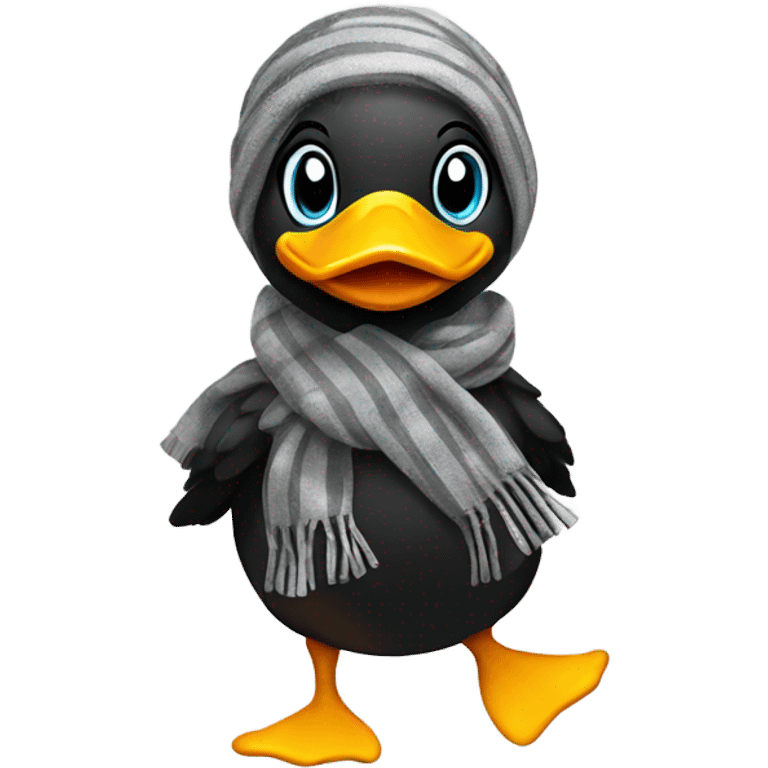 Happy duck that crossed the road and is black. Wearing a scarf emoji