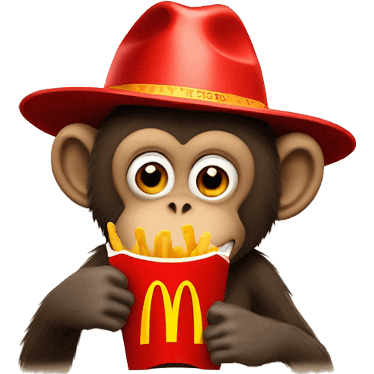 Monkey eating a packet of mcdonalds fries wearing a hat that says petes takeaways emoji