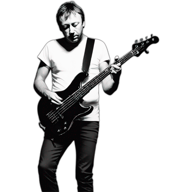 photo realistic, full body, Peter Hook from Joy Division, in 1979, playing, Yamaha black bass guitar, standing up, front view emoji