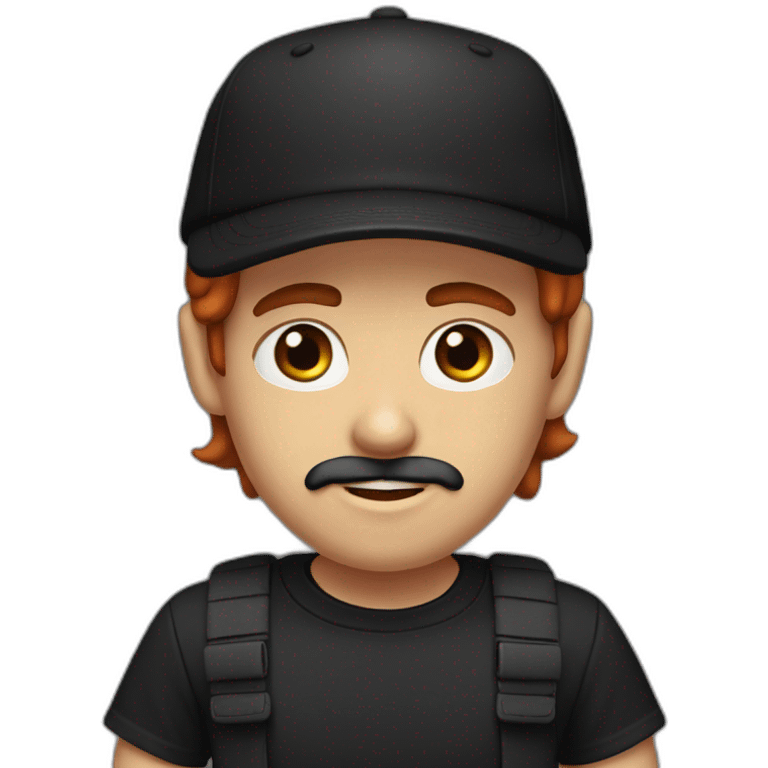 red head boy with mustache, wearing a backwards cap, bron eyes arab eyebrows and black tshirt emoji