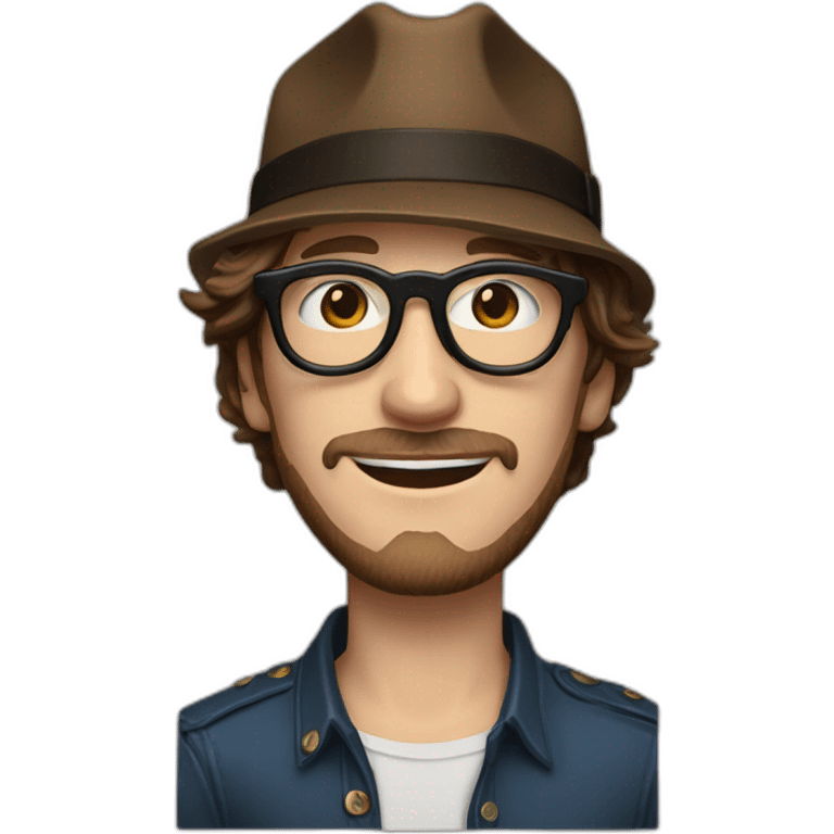 Realistic white man with golden glasses, blue eyes, and brown hair in the style of the Beatles,20 years old, no bear, with a cowboy hat emoji