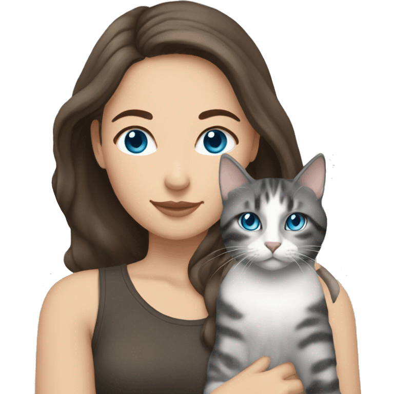 White Woman with blue eyes and long dark hair holding a tabby cat emoji