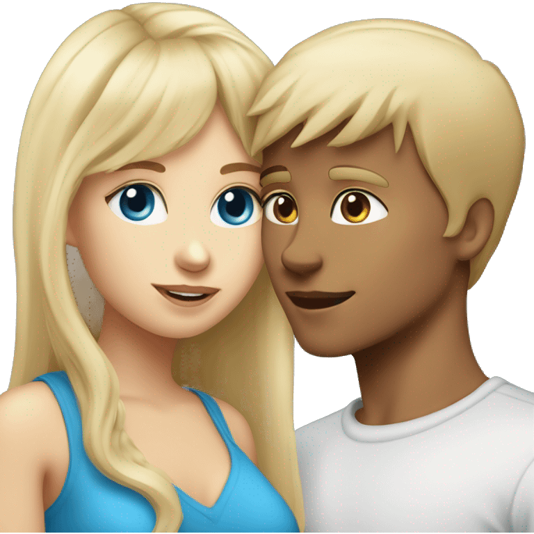 Girl with long back hair with bangs and tan skin kissing a boy with blonde hair blue eyes and white skin emoji