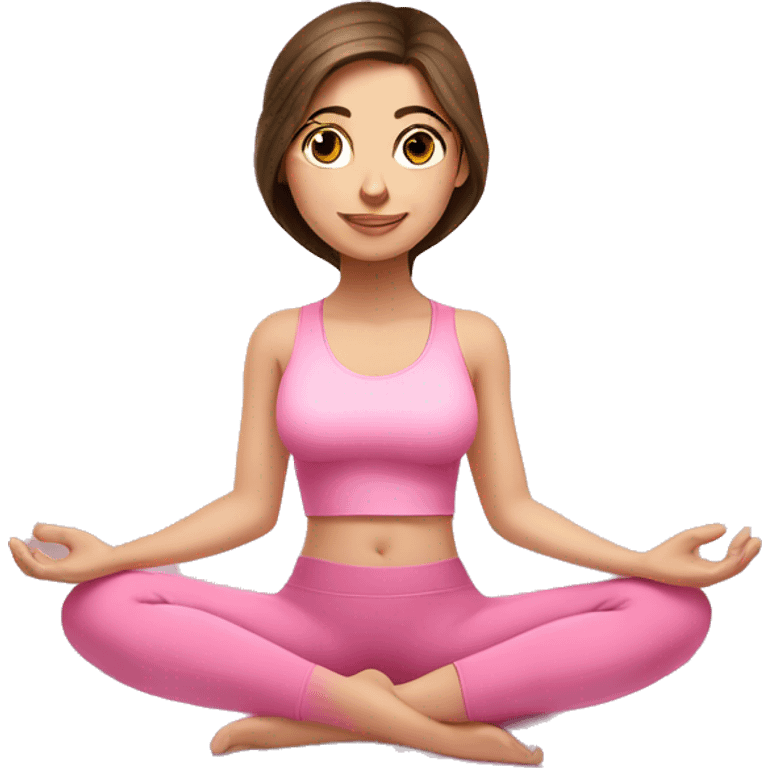 Brunette long hair and blue eyes yoga beautiful girl in light pink pink pink clothes sitting on a yoga mat emoji