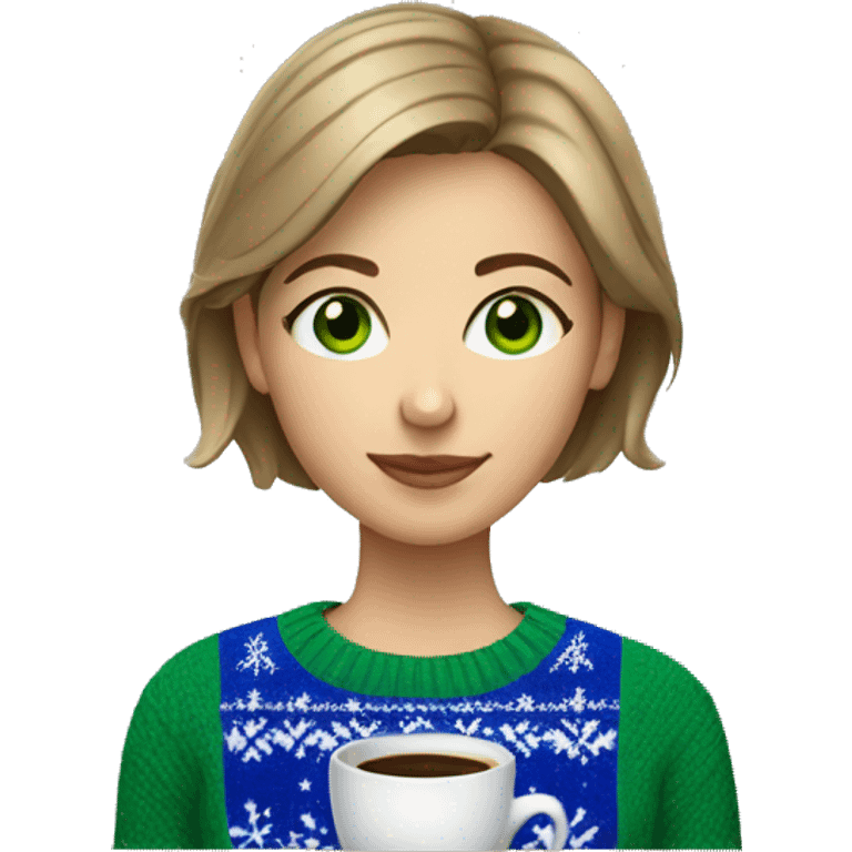 Light brown short haired girl with green eyes drinking coffee wearing blue Christmas sweater emoji